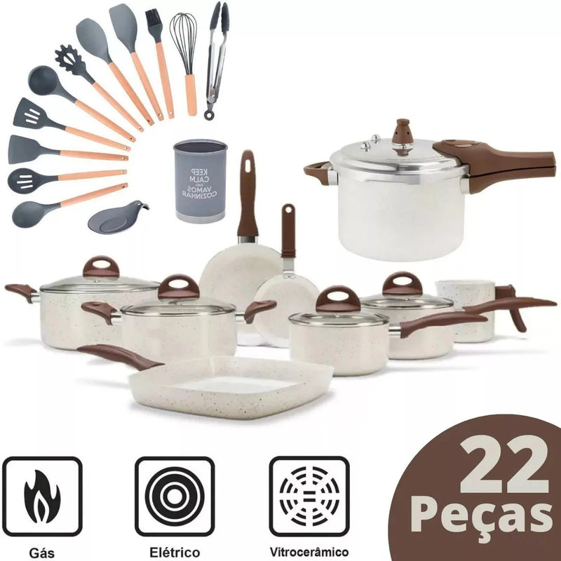 Jogo Panelas Ceramic Smart Plus [22 Peças] + Kit Utensílios em Silicone Minha loja Cabo Marrom Escuro Utensílios de Silicone cor PRETO 11 Peças 