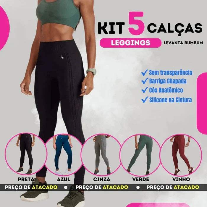 Kit 5 Calças Legging + Tops Brinde - Aumenta Bumbum e Afina Cintura | PROMOÇÃO QUEIMA DE ESTOQUE Minha loja P (36 - 38) Kit 5 Calças (1 de Cada Cor) 