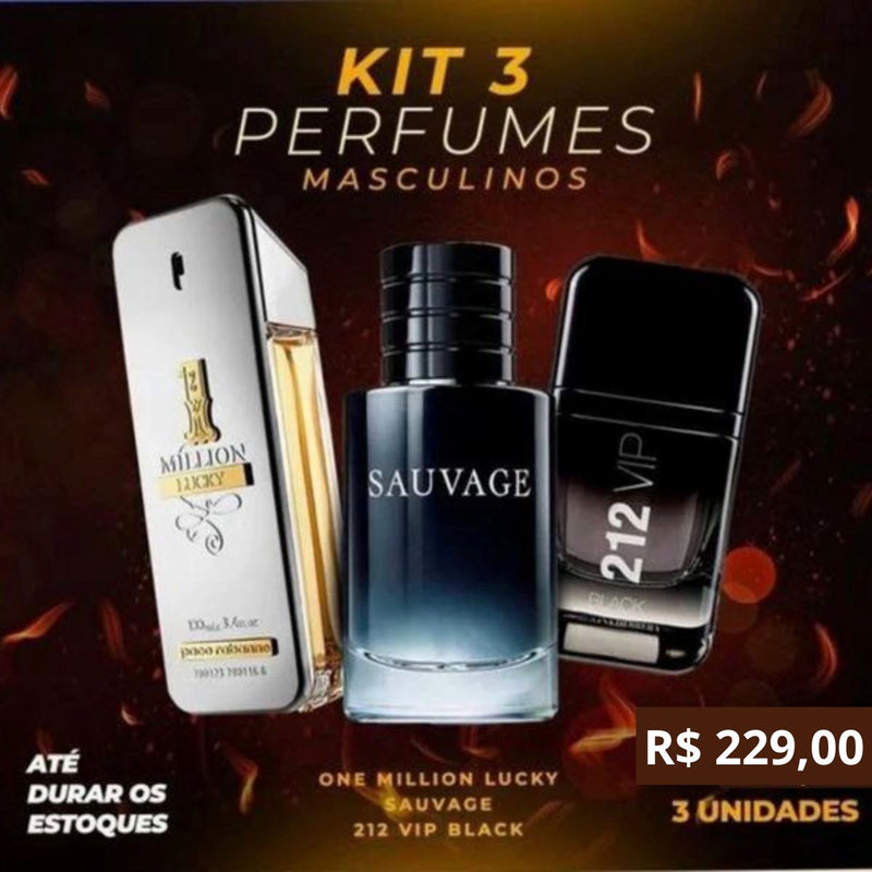 Combo de 3 Perfumes Masculinos - 1 Million, 212 VIP Black e Sauvage Masculino Beleza e Perfumaria Divina Elegância 