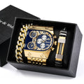 Kit Relógio Luxuoso + Pulseira Aço Inoxidável Relógios Divina Elegância Ouro e Azul 
