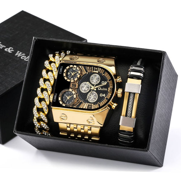 Kit Relógio Luxuoso + Pulseira Aço Inoxidável Relógios Divina Elegância Ouro e Preto 