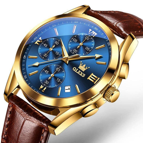 Relógio de Couro OLEVS - Premium Relógio de couro Redondo Divina Elegância Azul 