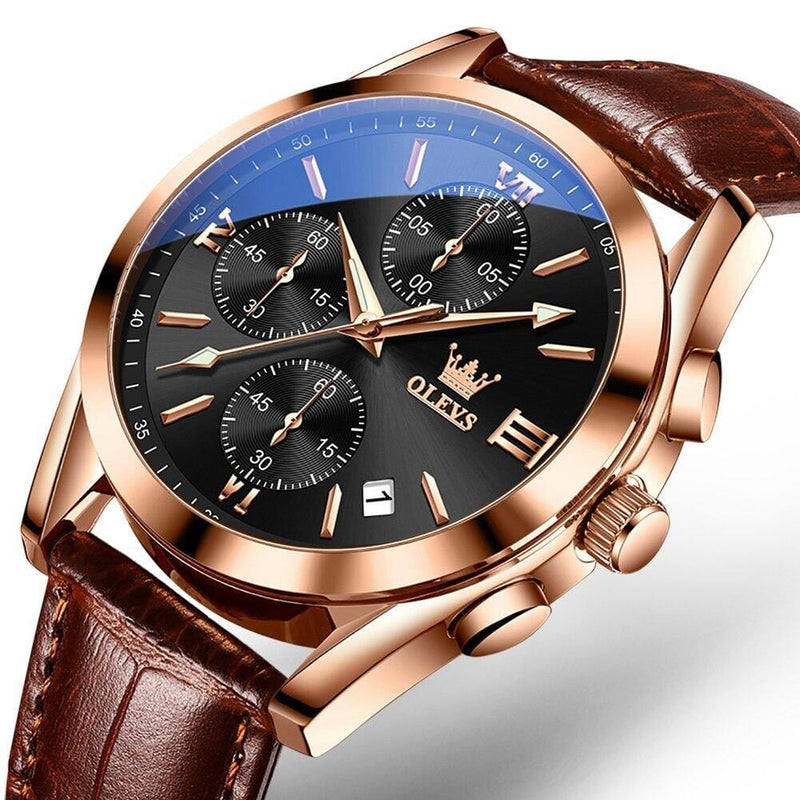 Relógio de Couro OLEVS - Premium Relógio de couro Redondo Divina Elegância Preto e Bronze 