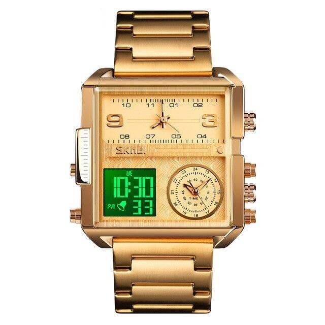 Relógio Masculino Skmei Quadrado Luxo C/ Cronógrafo E Data Relógio Masculino Skmei Quadrado Luxo C/ Cronógrafo E Data Divina Elegância Ouro 