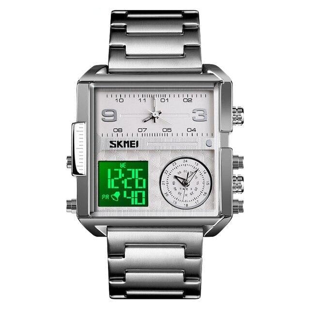 Relógio Masculino Skmei Quadrado Luxo C/ Cronógrafo E Data Relógio Masculino Skmei Quadrado Luxo C/ Cronógrafo E Data Divina Elegância Prata 