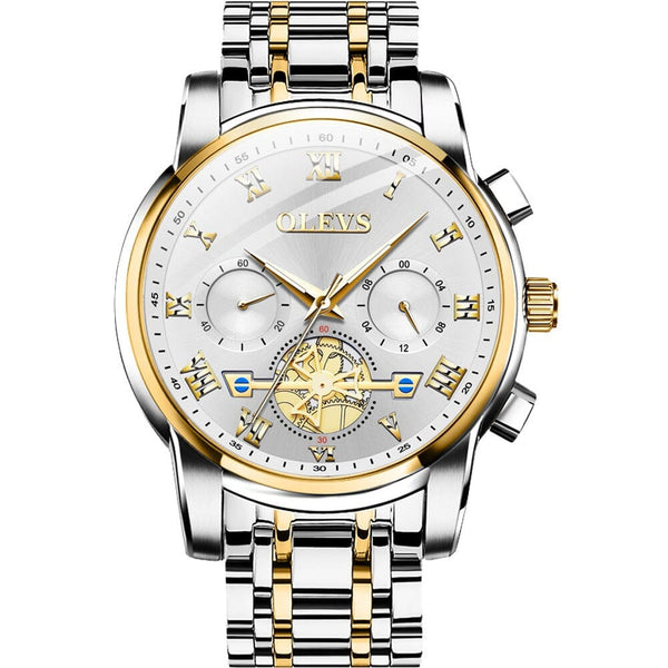Relógio OLEVS Clássico - Aço inoxidável Relógio OLEVS Clássico - Aço inoxidável Divina Elegância Prata com Ouro 